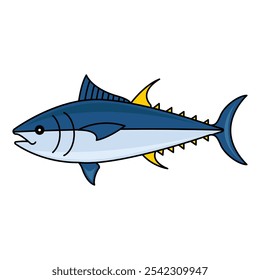 Pescado de atún fresco aislado sobre fondo blanco. Ilustración vectorial, historieta, icono, emblema, símbolo, logotipo, etiqueta engomada para el cartel, menú, etiqueta, embalaje