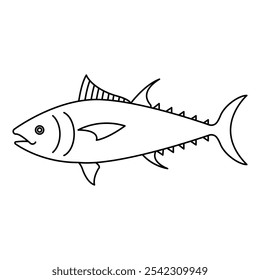 Pescado de atún fresco aislado sobre fondo blanco. Ilustración vectorial, historieta, icono, emblema, símbolo, logotipo, etiqueta engomada para el cartel, menú, etiqueta, embalaje