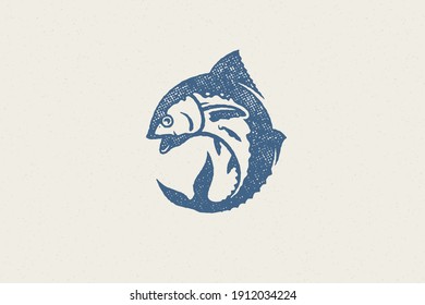 Fresh tuna fish silhouette for food market and seafood restaurant hand drawn stamp effect vector illustration. Vintage grunge texture emblem for package and menu design or label decoration.