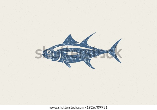Fresh tuna fish silhouette for food market\
and seafood restaurant hand drawn stamp effect vector illustration.\
Vintage grunge texture emblem for package and menu design or label\
decoration.