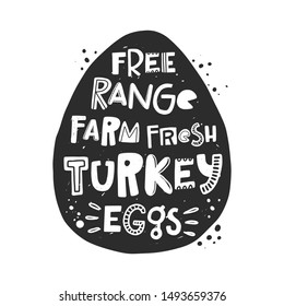 Fresh turkey eggs banner template. Farm organic product silhouette. Healthy nutrition, natural dish stylized lettering with ink drops. Fast cooking meal, farmer market poster design element
