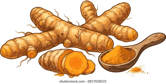 Fresh Turmeric Root Vector Illustration Featuring Whole Golden Curcuma Rhizome Slices 