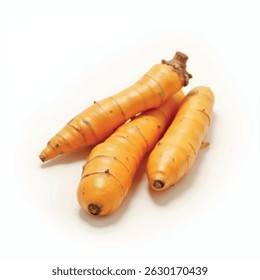 Raízes açafrão frescas com uma textura natural vibrante de cor laranja, isoladas sobre um fundo branco limpo. Perfeito para temas relacionados a fitoterápicos, especiarias, ingredientes de cozinha, saúde orgânica.