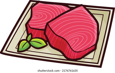 Dos piezas de carne de pescado fresca en una ilustración de caricatura de placa marrón