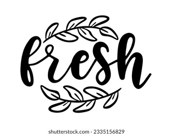 Fresh typography logo. Design fresh icon with leaf. Fresh vector sign word. Design food market poster, flyer, banner. Hand drawn calligraphy text. Signboard icon fresh. Black and white illustration.