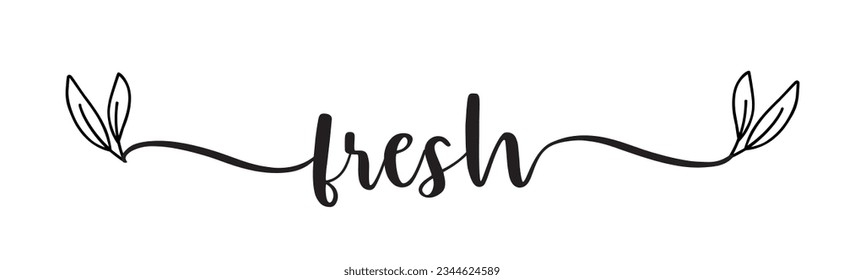 Fresh typography logo. Design fresh icon with leaf. Fresh vector sign word. Design food market poster, flyer, banner. Hand drawn calligraphy text. Signboard icon fresh. Black and white illustration.