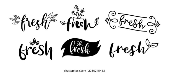 Fresh typography logo set. Design fresh icon with leaf. Fresh vector sign word. Design food market poster, flyer, banner. Hand drawn calligraphy text. Signboard icon fresh.