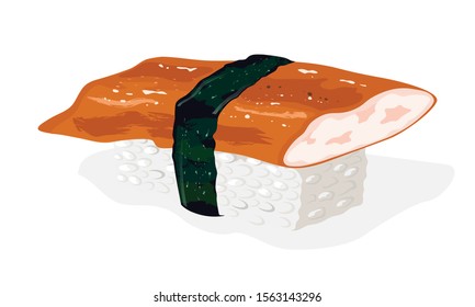 Fresh unagi sushi. Japanese food. Boiled rice topped with sliced eel and wrapped around with strip of nori seaweed. Vector realistic illustration on white for menu of take away bar or restaurant.