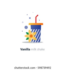 Fresh vanilla flavor milk shake, blue tumbler glass with stripes, vanilla flower icon, refreshing smoothie drink, vector flat design illustration