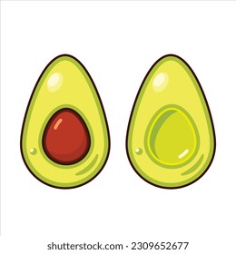 Fresh vector avocado illustration on white background. Food for a health diet. Bright green whole or cut fresh avocado. Fresh vegetables for health diet.