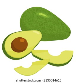 Fresh vector avocado. Whole, halved avocado with pit and avocado slices.