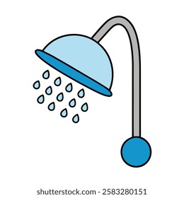 Fresh vector flat illustration of a showerhead with water flow. Ideal for bathroom designs, water usage, hygiene, and home decor projects.