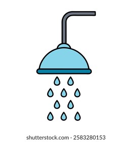 Fresh vector flat illustration of a showerhead with water flow. Ideal for bathroom designs, water usage, hygiene, and home decor projects.