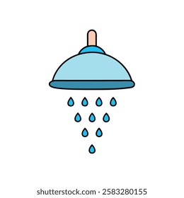 Fresh vector flat illustration of a showerhead with water flow. Ideal for bathroom designs, water usage, hygiene, and home decor projects.