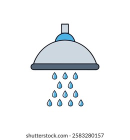 Fresh vector flat illustration of a showerhead with water flow. Ideal for bathroom designs, water usage, hygiene, and home decor projects.