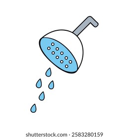 Fresh vector flat illustration of a showerhead with water flow. Ideal for bathroom designs, water usage, hygiene, and home decor projects.