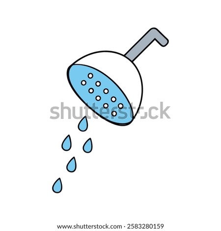 Fresh vector flat illustration of a showerhead with water flow. Ideal for bathroom designs, water usage, hygiene, and home decor projects.