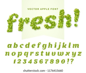 Fresh vector font made of green apples. Latin alphabet from A to Z and numbers from 0 to 9. English small letters
