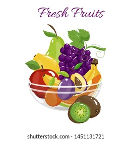 Fresh vector fruits in a bowl (whole and cut out). Vector Illustration on white background