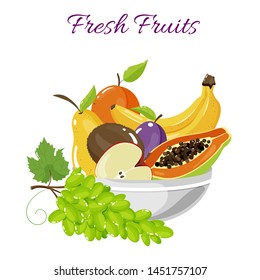 Fresh vector fruits in a bowl (whole and cut out). Vector Illustration 