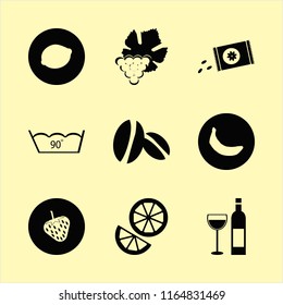 fresh vector icons set. with grape, coffee beans, delicate gentle degrees and bottle glass in set
