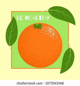 Fresh Vector Illustration with Orange Fruit in Hipster Style. Ripe Juicy Citrus Fruit. Stylized Isolated Orange with Green Petals for Card, Invitation, Flyer, Design, Brochure, Marketing, Advertising.