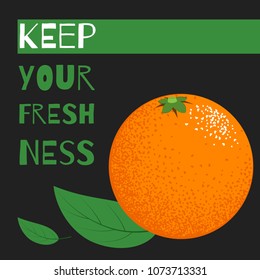 Fresh Vector Illustration with Orange Fruit in Hipster Style. Ripe Juicy Citrus Fruit. Stylized Isolated Orange with Green Petals for Card, Invitation, Flyer, Design, Brochure, Marketing, Advertising.