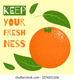 Fresh Vector Illustration with Orange Fruit in Hipster Style. Ripe Juicy Citrus Fruit. Stylized Isolated Orange with Green Petals for Card, Invitation, Flyer, Design, Brochure, Marketing, Advertising.