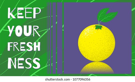 Fresh Vector Illustration with Orange Fruit in Hipster Style. Ripe Juicy Citrus Fruit. Stylized Isolated Orange with Green Petals for Card, Invitation, Flyer, Design, Brochure, Marketing, Advertising.