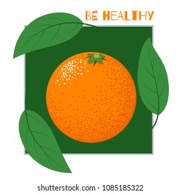 Fresh Vector Illustration with Orange Fruit in Hipster Style. Ripe Juicy Citrus Fruit. Stylized Isolated Orange with Green Petals for Card, Invitation, Flyer, Design, Brochure, Marketing, Advertising.