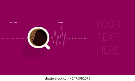 Fresh Vector Illustration of Steaming Coffee Cup for Morning Energy Boost – Wake Up and Replenish Power with a Hot Beverage Featuring Aroma of Roasted Beans, Perfect for Coffee Lovers and Cafes