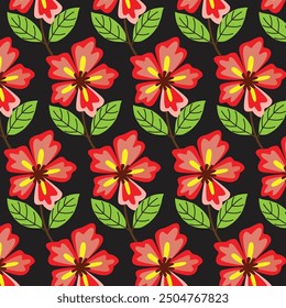 Fresh vector pattern featuring seamless multiple flower blooms with petals on branches and leaves. Ideal for backgrounds, textiles, and nature-inspired designs.