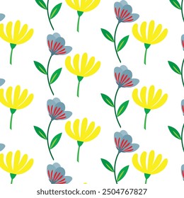 Fresh vector pattern featuring seamless multiple flower blooms with petals on branches and leaves. Ideal for backgrounds, textiles, and nature-inspired designs.