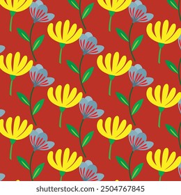 Fresh vector pattern featuring seamless multiple flower blooms with petals on branches and leaves. Ideal for backgrounds, textiles, and nature-inspired designs.