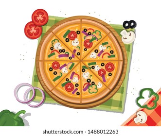 Fresh vector pizza illustration-on white background from top view