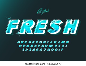 "Fresh" Vector  typeface bold style for logo, decoration, party poster,  book, greeting card, sale banner, printing on fabric. Cool alphabet 3d modern typography. Trendy font.