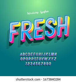 "Fresh" Vector typeface bold style for logo, decoration, party poster, book, greeting card, sale banner, printing on fabric. Cool alphabet 3d modern typography. Trendy font.