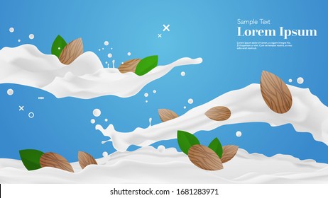 fresh vegan almond plant based milk splash organic dairy free natural raw vegan milk realistic splashes horizontal copy space vector illustration