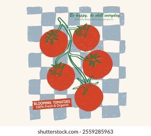 Fresh vegan food. Blooming tomatoes art. Red tomato vintage t-shirt design. Organic vegetable farm. Tomato vegetable artwork for t shirt print, poster, sticker and other uses. 