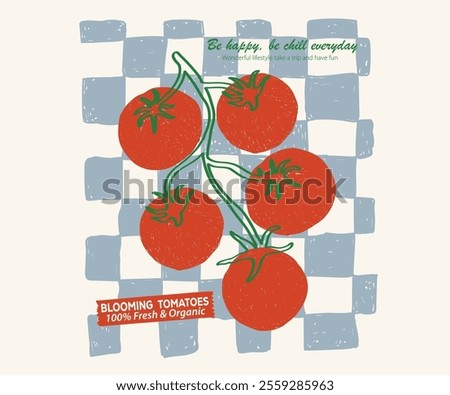 Fresh vegan food. Blooming tomatoes art. Red tomato vintage t-shirt design. Organic vegetable farm. Tomato vegetable artwork for t shirt print, poster, sticker and other uses. 