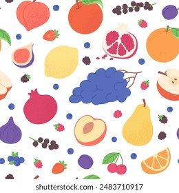 Fresh vegan food. Fruits and berries, vitamin nutrition. Peach pear grape lemon apple and cherry. Fabric wrapping print design, racy vector seamless pattern