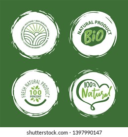 Fresh vegan food label, green poster natural and herbal product, 100 percent organic, healthy product, set of emblem, market sticker vector. Menu logo on white abstract watercolor lable