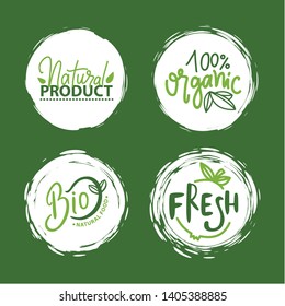 Fresh Vegan Food Label, Green Poster Natural And Herbal Product, 100 Percent Organic, Healthy Product, Set Of Emblem, Market Sticker Vector. Menu Logo On White Abstract Watercolor Lable