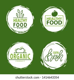 Fresh vegan food label, green poster natural and herbal product, 100 percent organic, healthy product, set of emblem, market sticker vector. Menu logo on white abstract watercolor lable