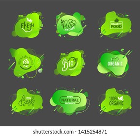 Fresh vegan food label, green poster natural and herbal product, 100 percent organic, healthy product, set of emblem, market sticker vector. Menu logo on green abstract watercolor lable