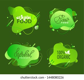 Fresh vegan food label, green poster natural and herbal product, 100 percent organic, healthy product, set of emblem, market sticker vector. Menu logo on green abstract watercolor lable