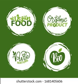 Fresh vegan food label, green poster natural and herbal product, 100 percent organic, healthy product, set of emblem, market sticker vector. Menu logo on white abstract watercolor lable