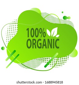 Fresh Vegan Food Label, Green Poster Natural And Herbal Product, 100 Percent Organic, Healthy Product, Set Of Emblem, Market Sticker Vector. Menu Logo On Green Abstract Watercolor Lable