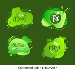 Fresh Vegan Food Label, Green Poster Natural And Herbal Product, 100 Percent Organic, Healthy Product, Set Of Emblem, Market Sticker Vector. Menu Logo On Green Abstract Watercolor Lable