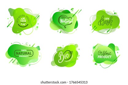 Fresh Vegan Food Label, Green Poster Natural And Herbal Product, 100 Percent Organic, Healthy Product, Set Of Emblem, Market Sticker Vector. Menu Logo On Green Abstract Watercolor Lable